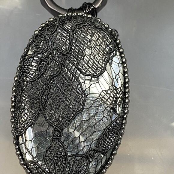 Hand Embellished Necklace eyeball bow, crystal lace pendant guitar pick beads - Picture 4 of 10